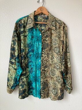 Vintage Y2k Chico's 100% silk Batik Butterfly Floral Print Boho Sz 1 M